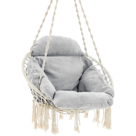 Hanging Chair, Hammock Chair with Large Cushion, Boho Swing Chair for Bedroom, Patio, Balcony, Garden, Holds up to 264 lb, Accessories Included, Cloud White and Gray