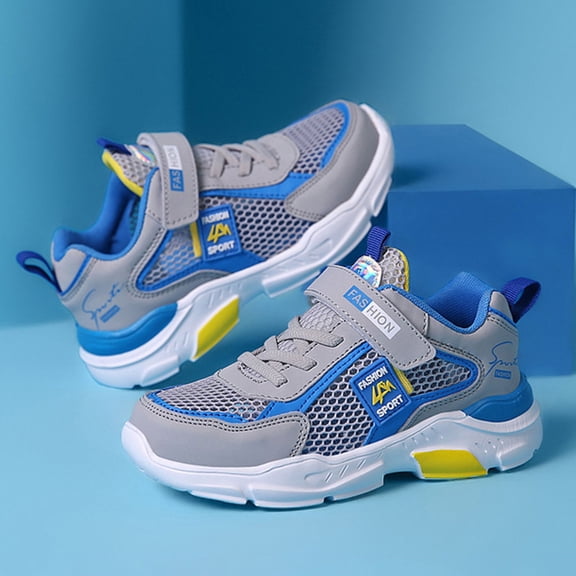 Boys Running Shoes, Mesh Hook and Loop Breathable Sneakers, Lightweight Cushioned Sports Footwear for School Playground