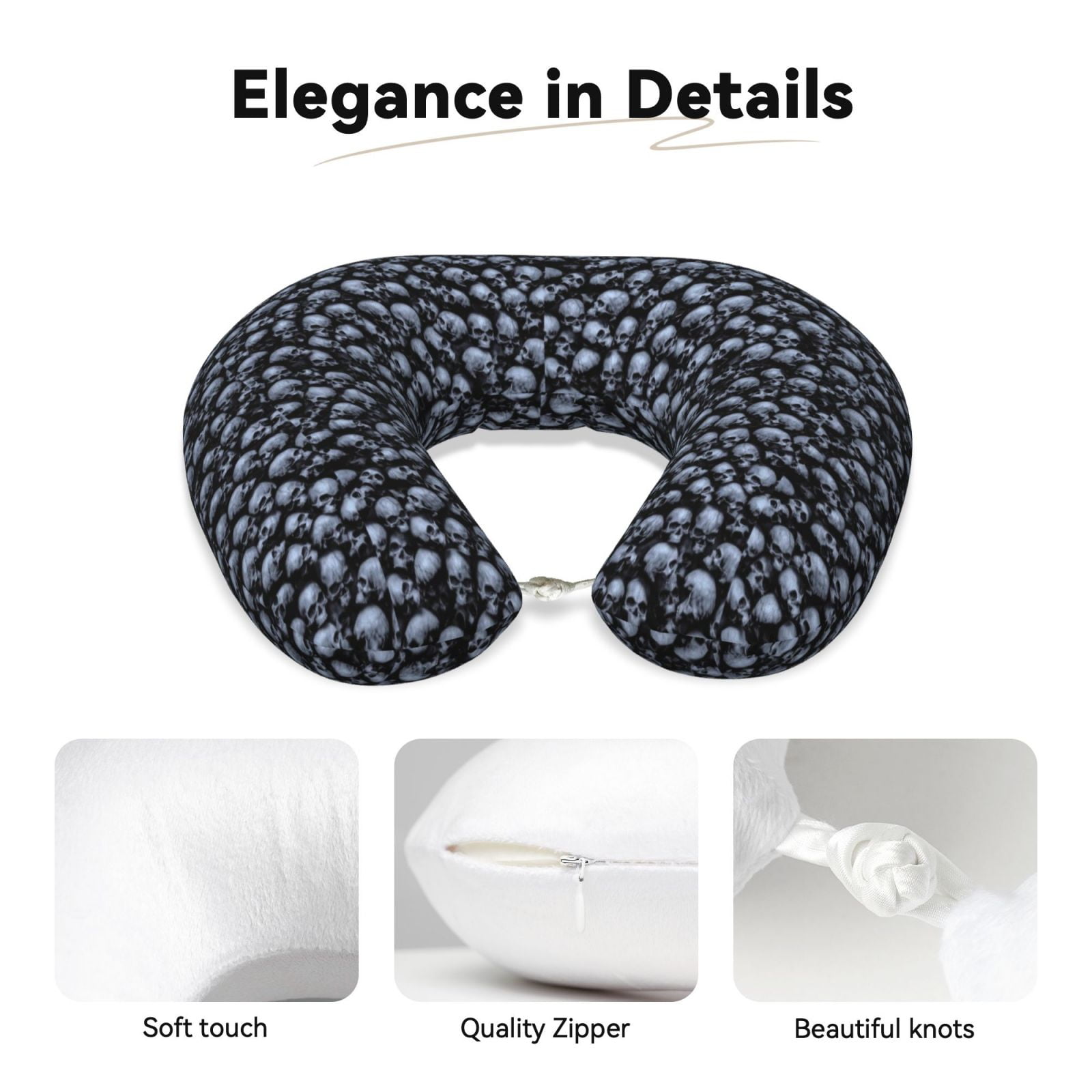 Xecao Gothic Skull Print Memory Foam Cervical Neck Pillow Versatile U-Shaped Pillows for Home,Office,Camping,Travelling,Soft Washable Cover