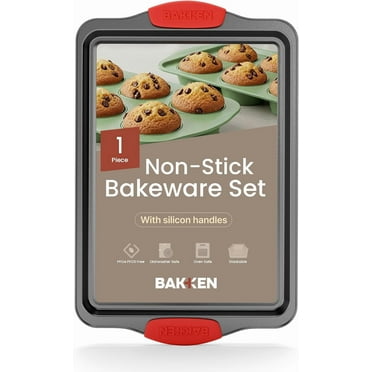 Bakken- Swiss Nonstick Cookie Sheet Pan Carbon Steel Oven Tray Sheet Pan with Red Silicone Handles -Medium Bakeware Pan Tray with Gray Coating Inside & Outside
