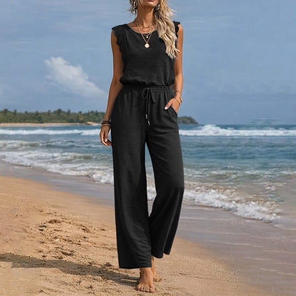 Pounoo Womens Casual Jumpsuits Sleeveless Textured Plain Drawstring Overalls Casual Loose Breathable Soft Stretchy Vacation Wear Gift