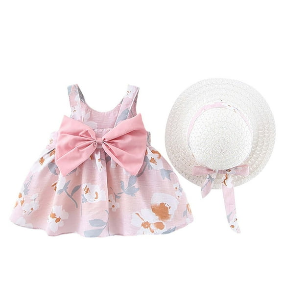Fesfesfes Toddler Kids Dress Baby Girl Summer Bow Print Suspender Dress With Hat