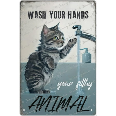 Cat Wall Decor, Retro Style, Novelty Poster, Iron Painting, Bathroom Metal Sign, Raccoon - Wash Your Hands Metal Sign, Wall Decoration Plaques Gift for Family 12x8 Inch