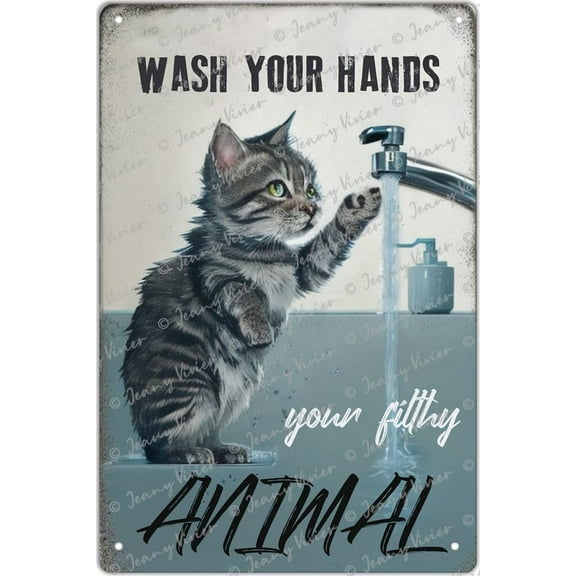 Cat Wall Decor, Retro Style, Novelty Poster, Iron Painting, Bathroom Metal Sign, Raccoon - Wash Your Hands Metal Sign, Wall Decoration Plaques Gift for Family 12x8 Inch