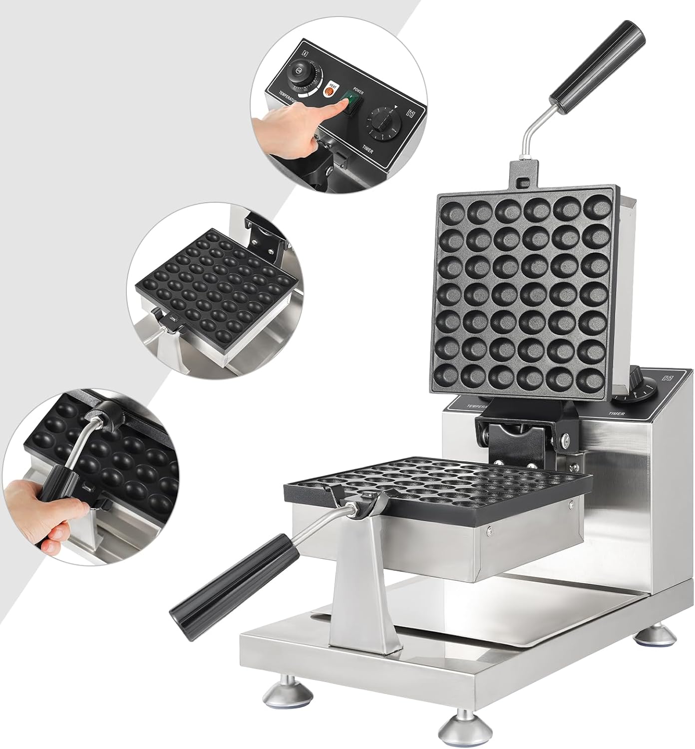 Belgian Waffle Maker, 42 Grids 1200W Nonstick Stainless Steel Mini Round Waffle Iron, 122-572°F Temp Control Range for Restaurant, Snack Bar, Food Stall (42 Grids Waffle Maker)