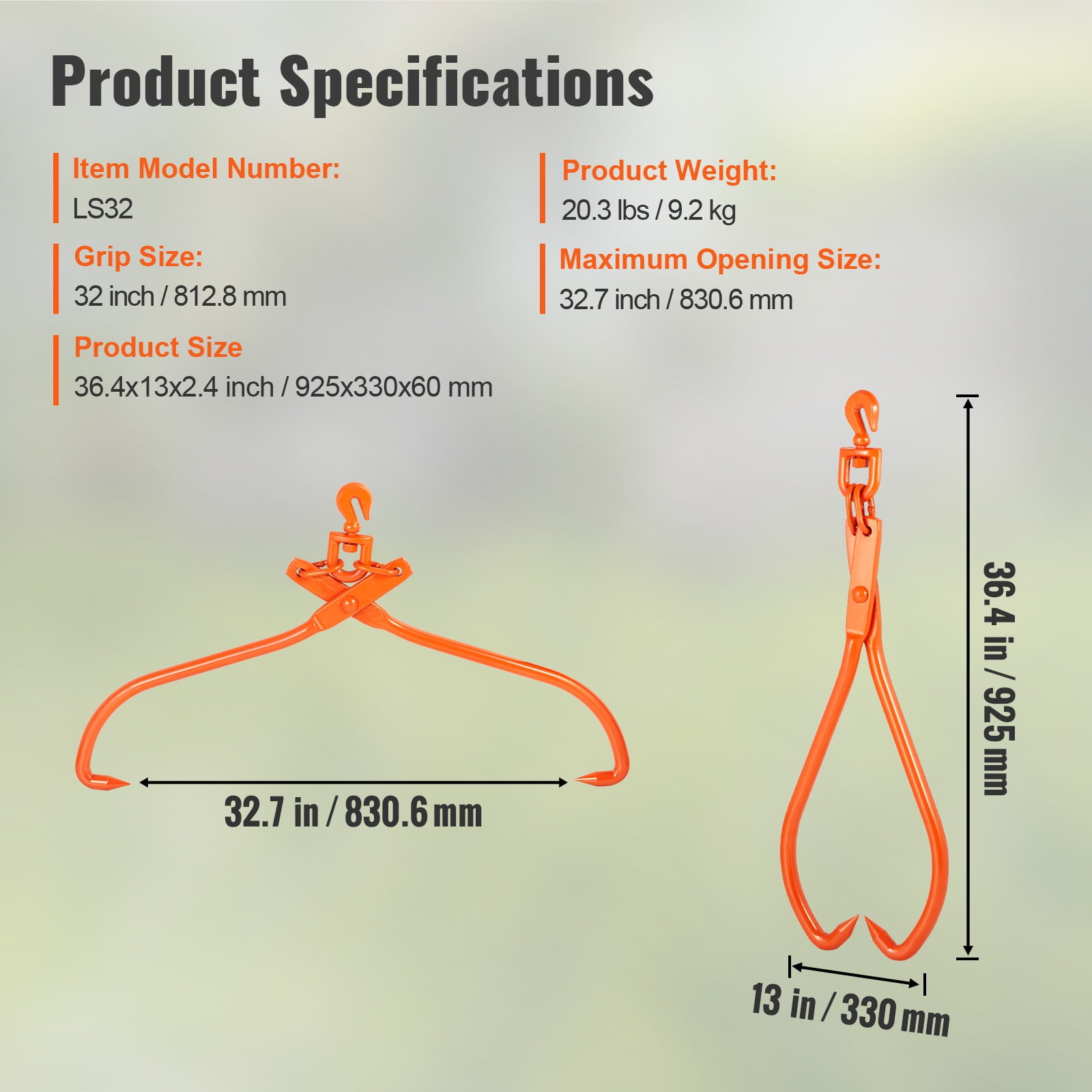 BENTISM Log Skidding Tongs, 32 inch 2 Claw Log Lifting Tongs, Heavy Duty Rotating Steel Lumber Skidding Tongs, 1543 lbs/700 kg Loading Capacity, Log Lifting, Handling, Dragging & Carrying Tool