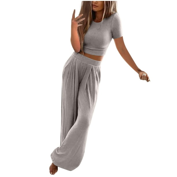 Women Casual Ribbed Knit 2 Piece Outfits Short Sleeve Crop Top and High  Waist Wide Leg Long Pants Lounge Sets Tracksuit