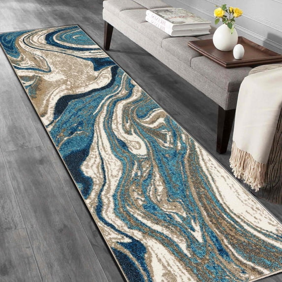HR Marble Rugs Blue Beige Multi Color Abstract Livingroom & Dining Room Chick Area Rug Non-Shedding Carpet, 8' x 10'