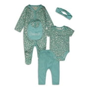 Jessica Simpson Baby Girls Long Sleeve Print Footie with Bodysuit, 5 Piece Set