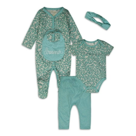 Jessica Simpson Baby Girls Long Sleeve Print Footie with Bodysuit, 5 Piece Set