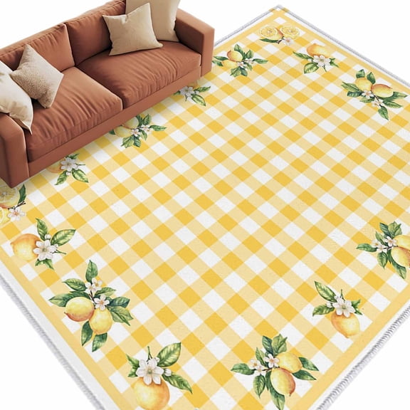 5x7 Area Rugs for Living Room, Yellow Lemons Non Slip Area Rugs for Kitchen Bedroom Entryway, Floral Wreath Leaves Buffalo Plaid Washable Carpet Runner Rug Floor Mats for Bedroom Home Decor