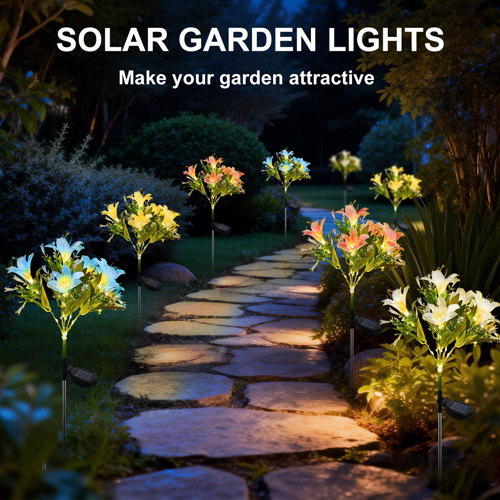 Rnkr 4 Pack Solar Flower Lights Outdoor, 28 LED Waterproof Solar Lily Lights with 4 Color-Changing LEDs for Garden, Yard, Pathway, Lawn, Camping, Patio Decoration