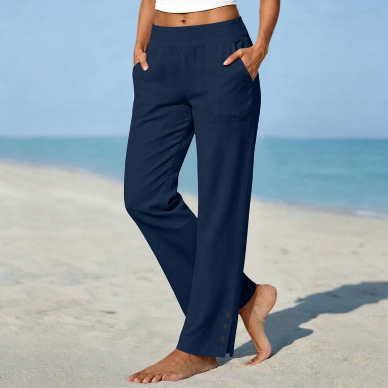 Linen Pants Women Petite Casual Straight Leg Pants | Ladies Elastic ...