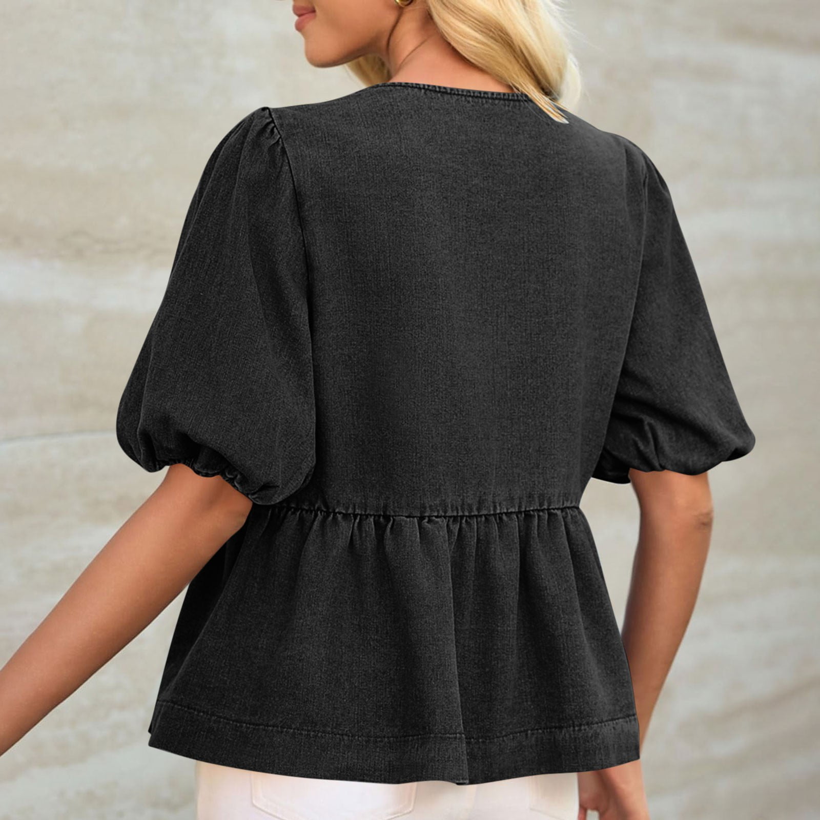 Womens Tops Under $10, Womens Denim Tie Front Tops Babydoll Peplum Puff Sleeve Jean Shirts Crew Neck Summer Casual Bow Blouses