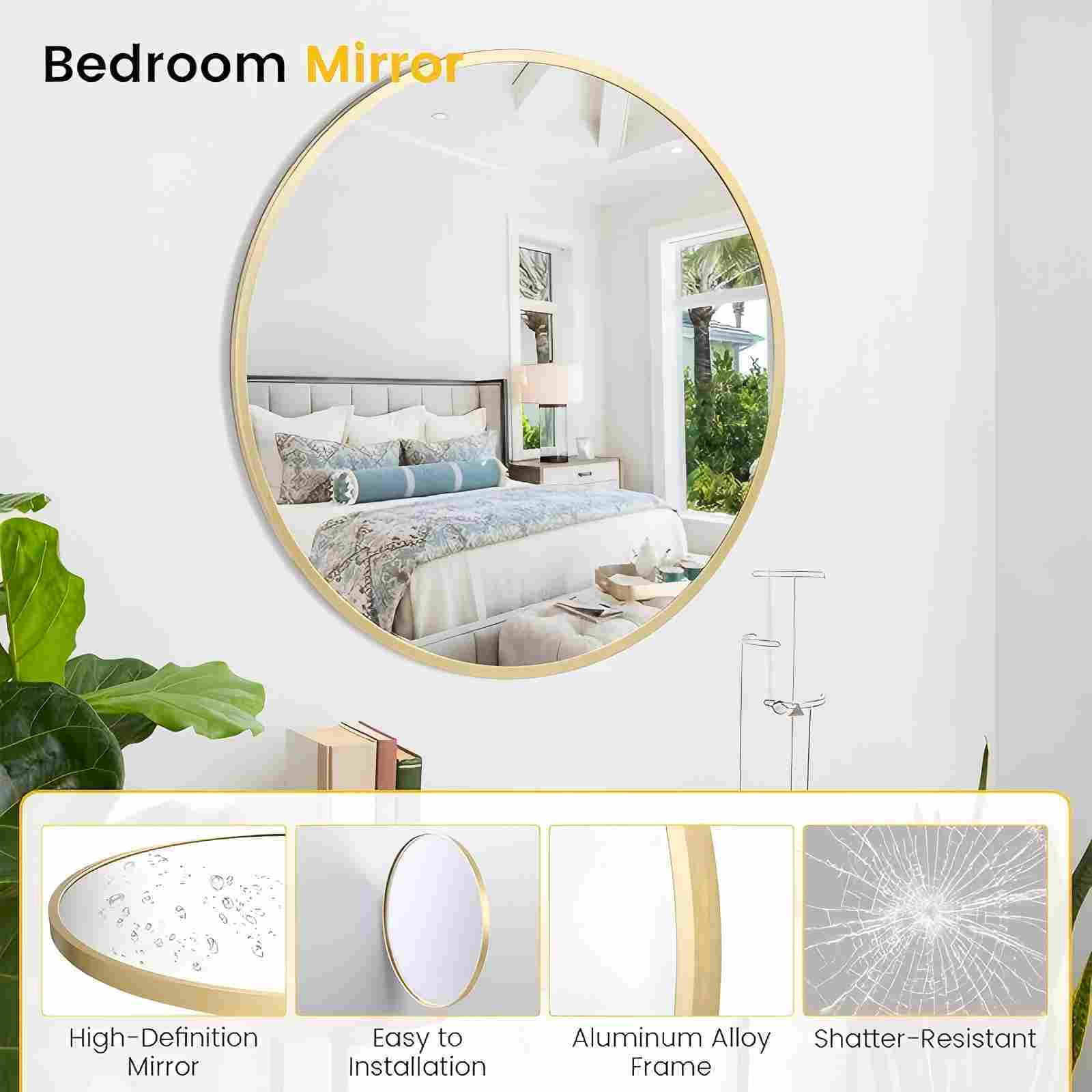 Mirrasia 30"x30"Round Bathroom Mirror Wall Mounted Mirror Aluminum Alloy Frame ,Gold