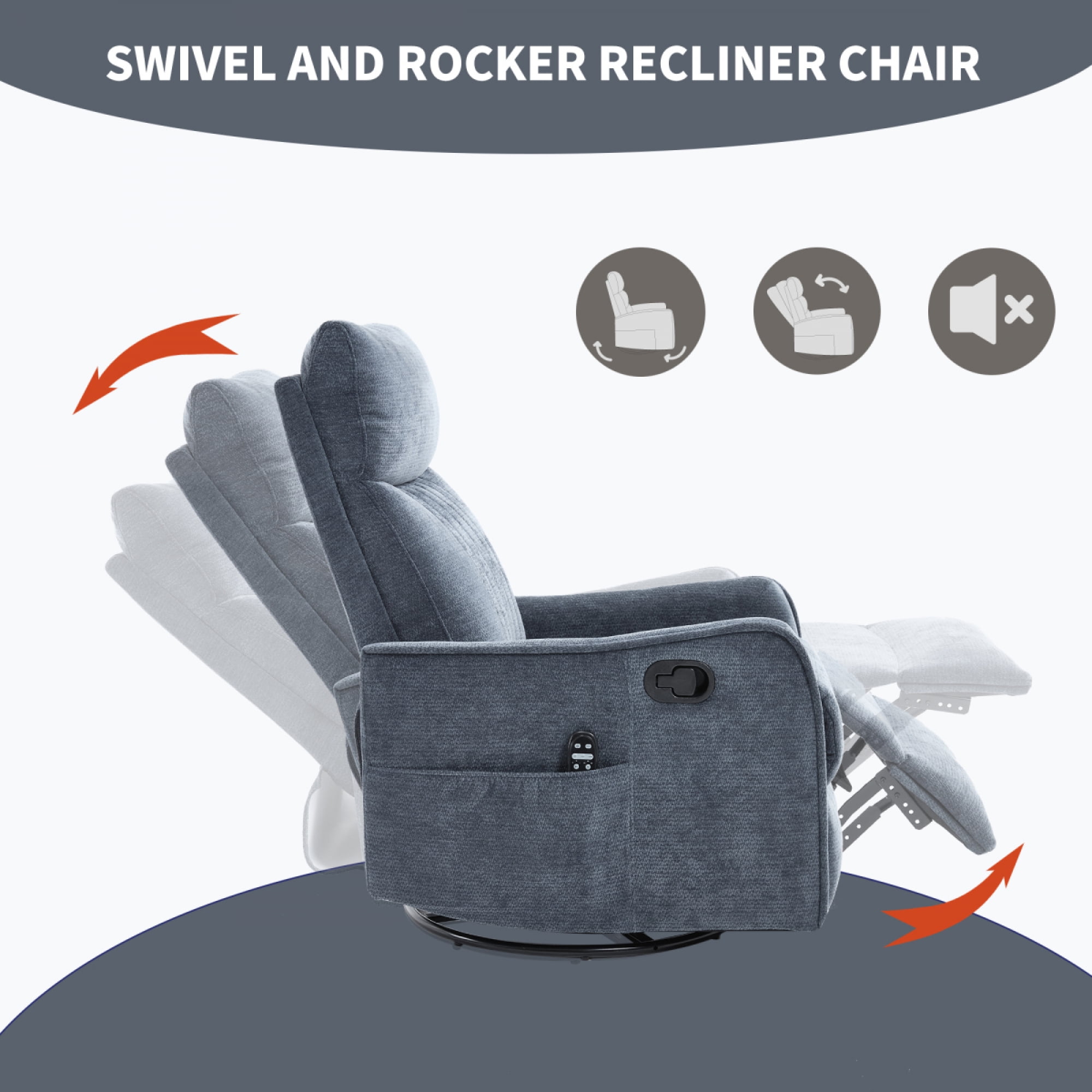 360 Swivel Rocking Recliner Chair for Adults, Nursery Rocking Chair with Heat and Massage, Glider Reclining Chair for Small Space, Living Room, Bedroom (Chenille, Blue)