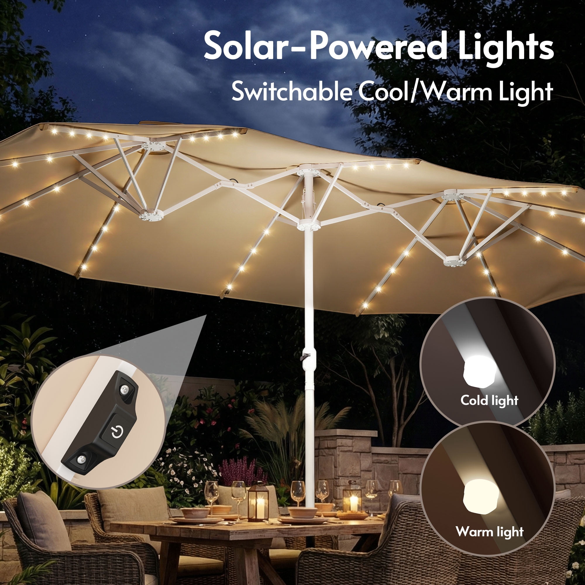 LAZZO 15FT Patio Umbrella with LED Lights and Base, Outdoor Rectangular Triple Shade for Patio Deck Garden, Champagne