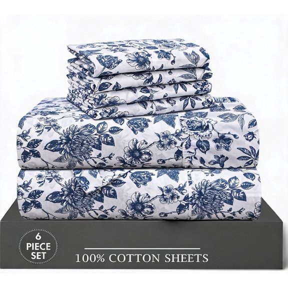 100% Cotton Percale Sheets Queen Size Wild Flower Deep Pocket 16 Inch 6 Piece Set