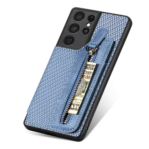 ELEHOLD Zipper Wallet Case for Samsung Galaxy S24 Ultra,Fiber Grain Texture Flip Card Slots Zipper Storage Kickstand Function Magnetic Closure Shockproof Case for Samsung Galaxy S24 Ultra,Blue