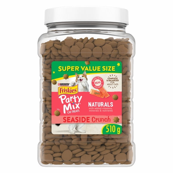 Friskies Party Mix Gâteries naturelles Croquant Bord de mer avec du vrai poisson, Gâteries pour chats, 510 g