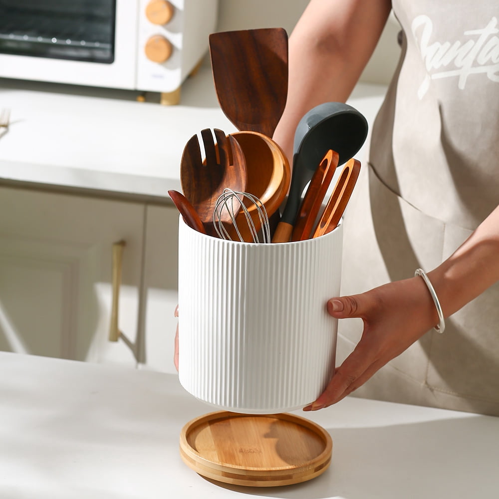 KSENDALO   360° Rotating Large  Ceramic Utensil Holder(7.76" Tall ) for  Spatulas, Ladles, Tongs, Baking Tools for Kitchen Counter, Cream White