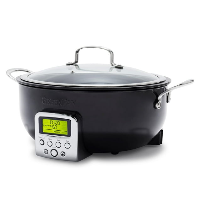 Sartén eléctrica inteligente GreenPan Elite Essential de 6 cuartos de galón, para saltear, sofreír y cocinar arroz, con piezas antiadherentes de cerámica, aptas para lavavajillas, pantalla LED fácil d