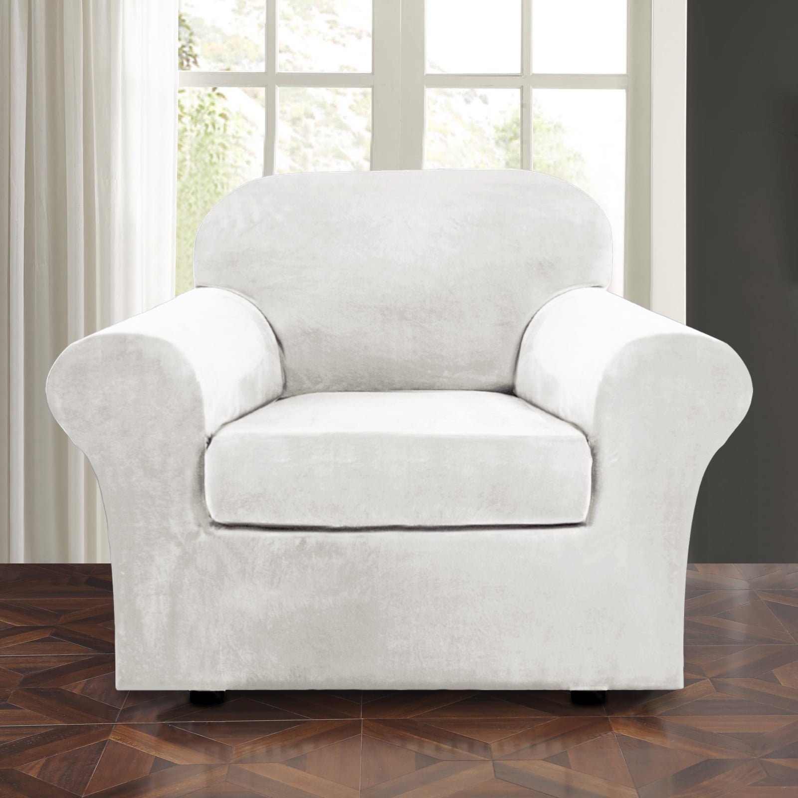 CJC Velvet Plush Sofa Covers Stretch Couch Covers with Separate Cushion Cover (White, Armchair)