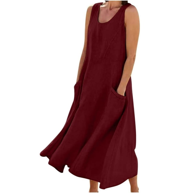 JUNWELL Caftan Ample Robe Longue pour Femmes Grande Taille Robe en Lin Été Décontractée Sans Manches Col Ras du Cou Poches Robe Maxi