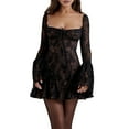 thumbnail image 2 of Womens 2025 Square Neck Dress Long Sleeve Sleeve A-Line Short Mini Dresses Black L, 2 of 9