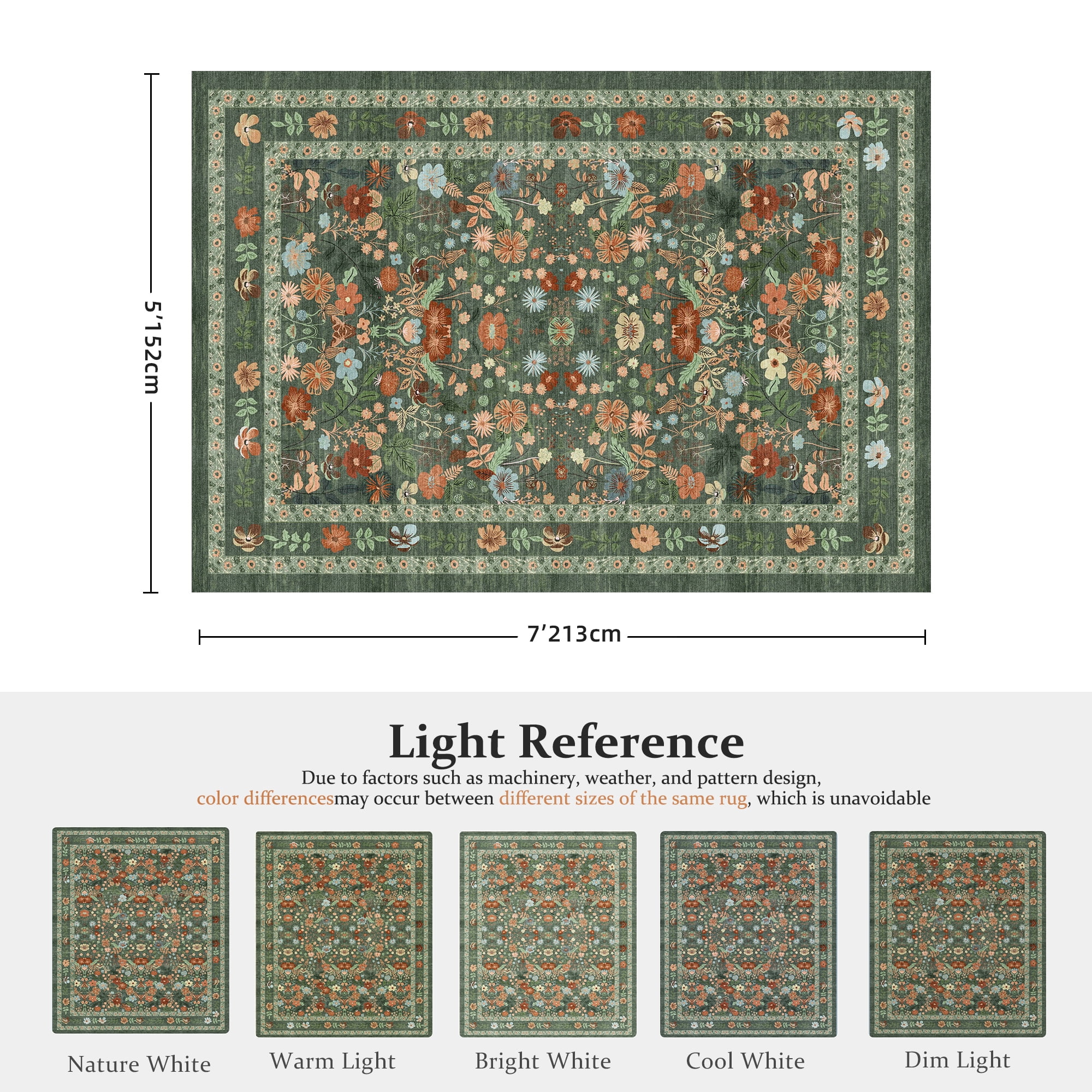 ATHOPE 5x7 Area Rugs for Living Room Bedroom, Floral Washable Soft Low Pile Rug with Non-Slip Backing, Large Vintage Distress Print Pattern Carpet, Green Floral