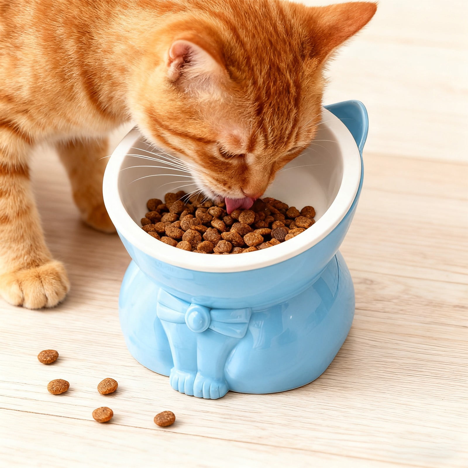 Elevated Cat Food & Water Bowl, 250ml Large Capacity Raised Whisker-Friendly Anti-Tip Plastic Feeding Bowl for Cats, Cute Blue Pet Bowl (1pc, Non-Dishwasher Safe)