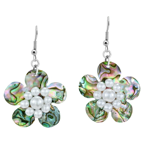 Tropical Daisy Abalone Shell and Faux Pearls Floral Dangle Earrings