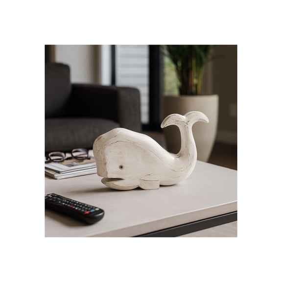 Contemporary Wood Whale Sculpture for Home Decor - Coastal Ornaments for Bathroom, Office, and Living Room Styling - Sculptural Figurine for Shelf and Coffee Table Display - 9", White
