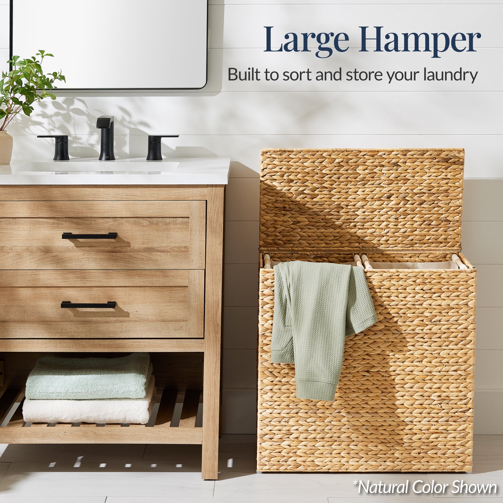 Best Choice Products Large Natural Water Hyacinth Double Laundry Hamper Basket w/ 2 Liner Bags, Handles - Chestnut
