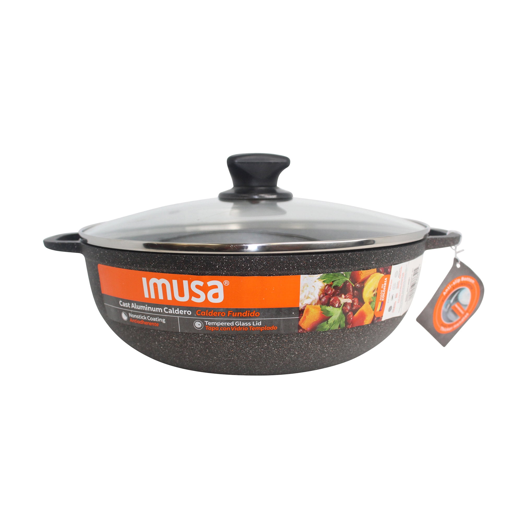 IMUSA 7qt Fuzion Cast Aluminum Bronze Speckled Nonstick Caldero with Glass Lid, Black - 30cm