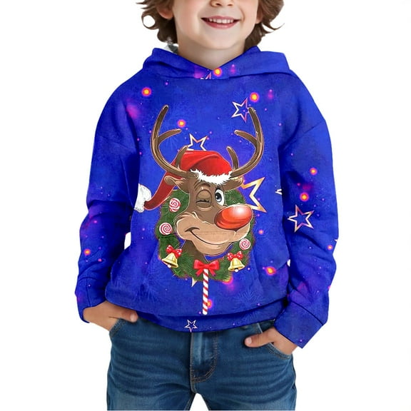 Tfken Christmas Toddler Children Boys Hoodies Long Sleeve Hooded Cartoon Print Tops Cozy Sweatshirt Child Size 5-6 Years
