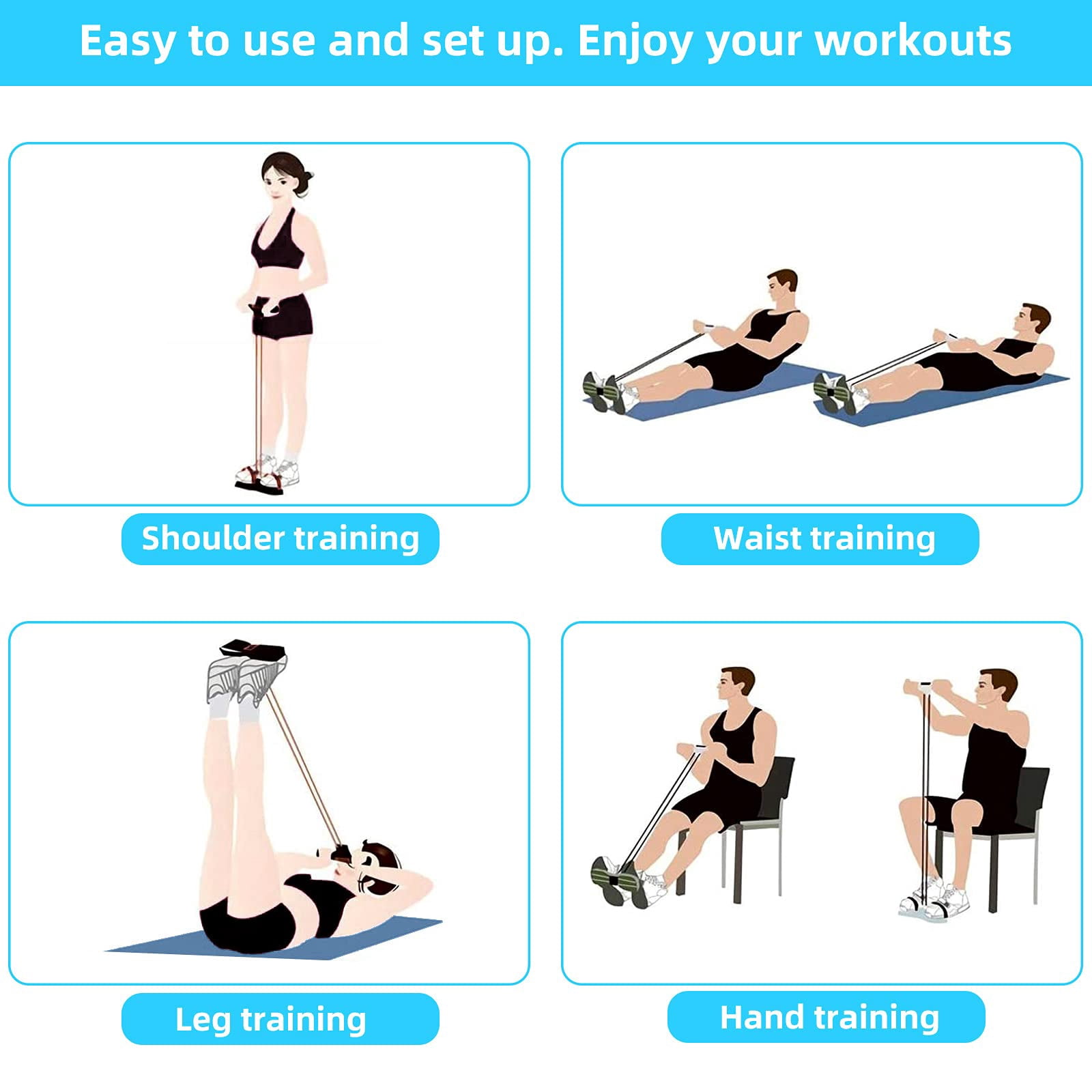 Multi-Function Tension Rope – 4 Tube Resistance Bands with Handles – Sit Up Exercise Equipment Home Gym Tummy Trainer for Men Women