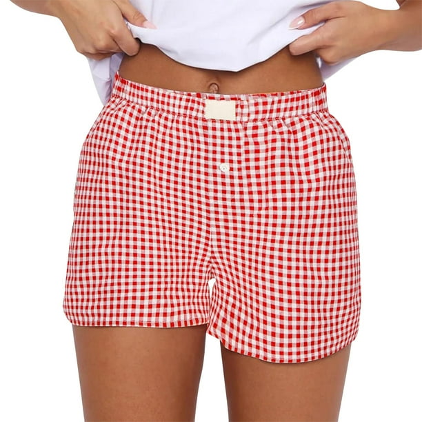 Ploknplq Shorts for Women,Ladies Shorts,Loose Shorts Women,Shorts Cute Soft Elastic Low Waist Plaid Print Front Pajama Shorts Sleepwear,Womens Shorts Dressy Casual,Comfy Shorts for Women Red 1 L
