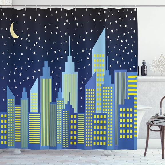 City Shower Curtain, Graphics Illustration of a Modern City Skyline, Fabric Bathroom Set with Hooks, 69W X 70L Inches, Dark Violet Blue Pale Sky Blue Pale Yellow White, by Ambesonne