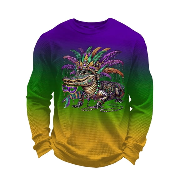 CONZONE Carnival Men's T-Shirts Long Sleeve Mardi Gras T Shirts for Men Casual Crew Neck Gradient Color Lightweight Tees Soft Cozy Tops