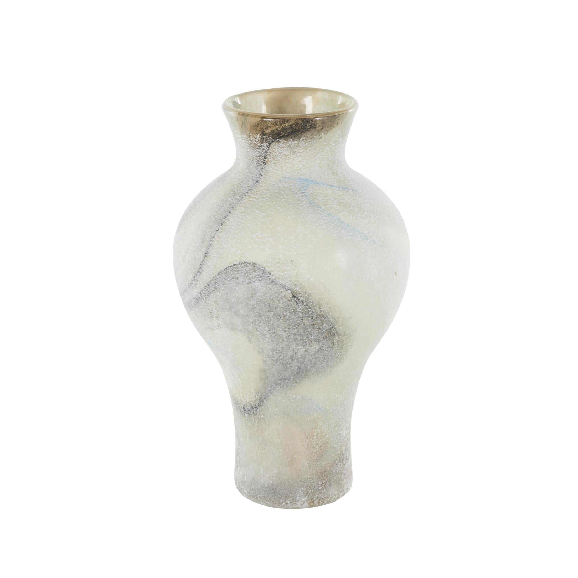 DecMode 12" Distressed Cream Glass Vase with Blue and Tan Texturing