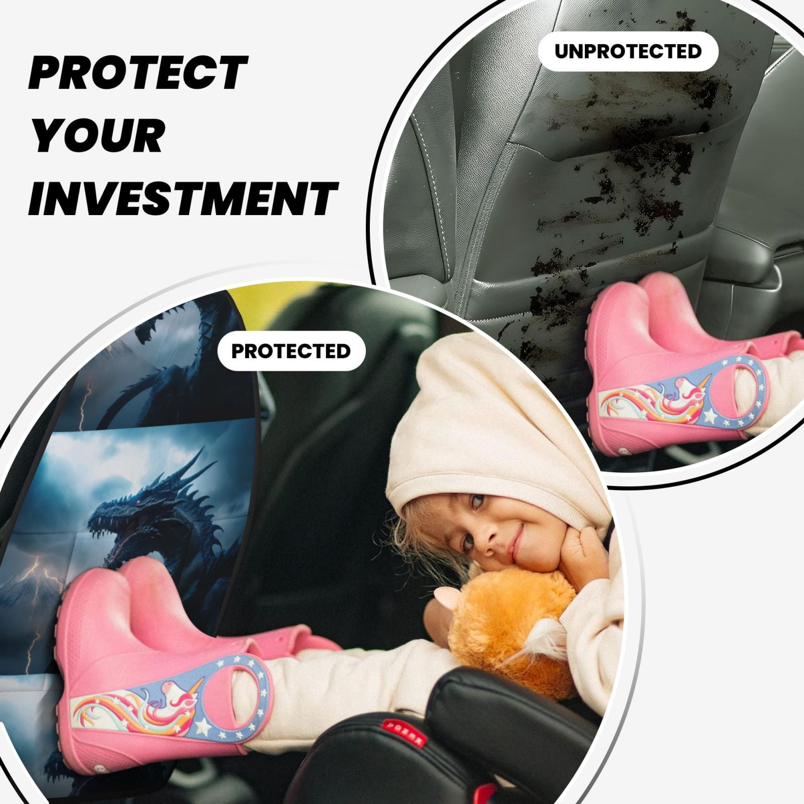 Xecao Blue Thunder Storm Dragon Pattern Car Seat Back Protector 2 Pack Large Capacity Pocket, Kick Mats Back Seat Protector