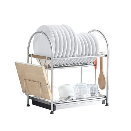 NEX Stainless Steel 2-Tier Dish Draining Rack With Draining Pan, Adjustable, Cutting Board Holder, Large and Spacious