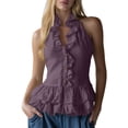thumbnail image 4 of Craaazy Boho Tops for Women Sleeveless Halter Neck Solid Color Ruffle Trim Button Down Shirts for Everyday, 4 of 7