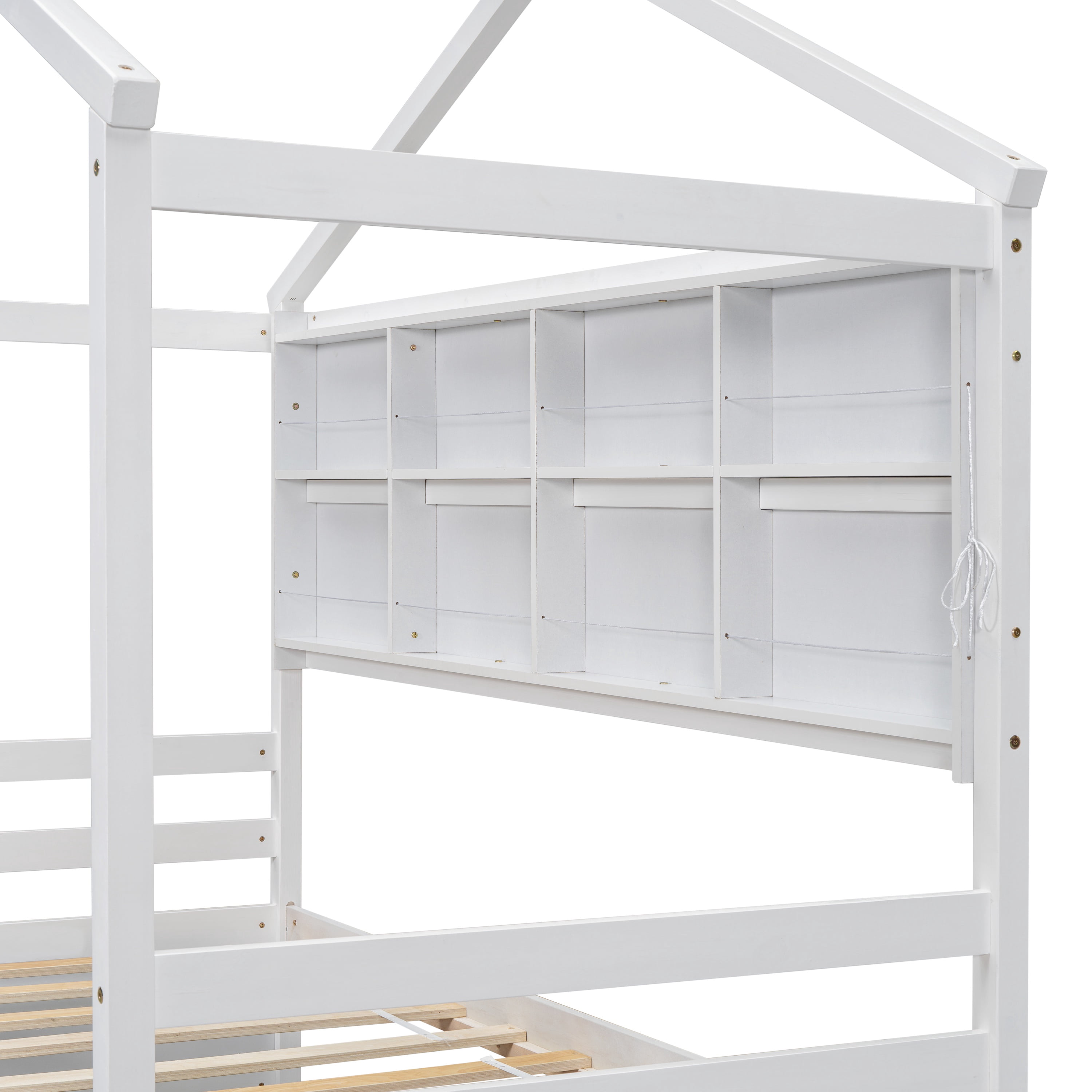 PORKISS Twin House Bed, Wood Platform Bed with Roof Frame and Beside-Shelves, Modern Montessori Toddler Bed with Under Bed Storage Unit for Kids, No Box Spring Needed, White