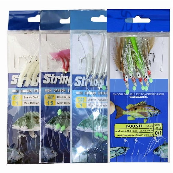 Sabiki Rig, 4 Pack, Soft Material, Luminous Mixed Size Rig Hooks, Suitable for Fishing, with Hooks and Eyelets, with Ball Bearing Swivel Connector Fishing Lure Outdoor Rope