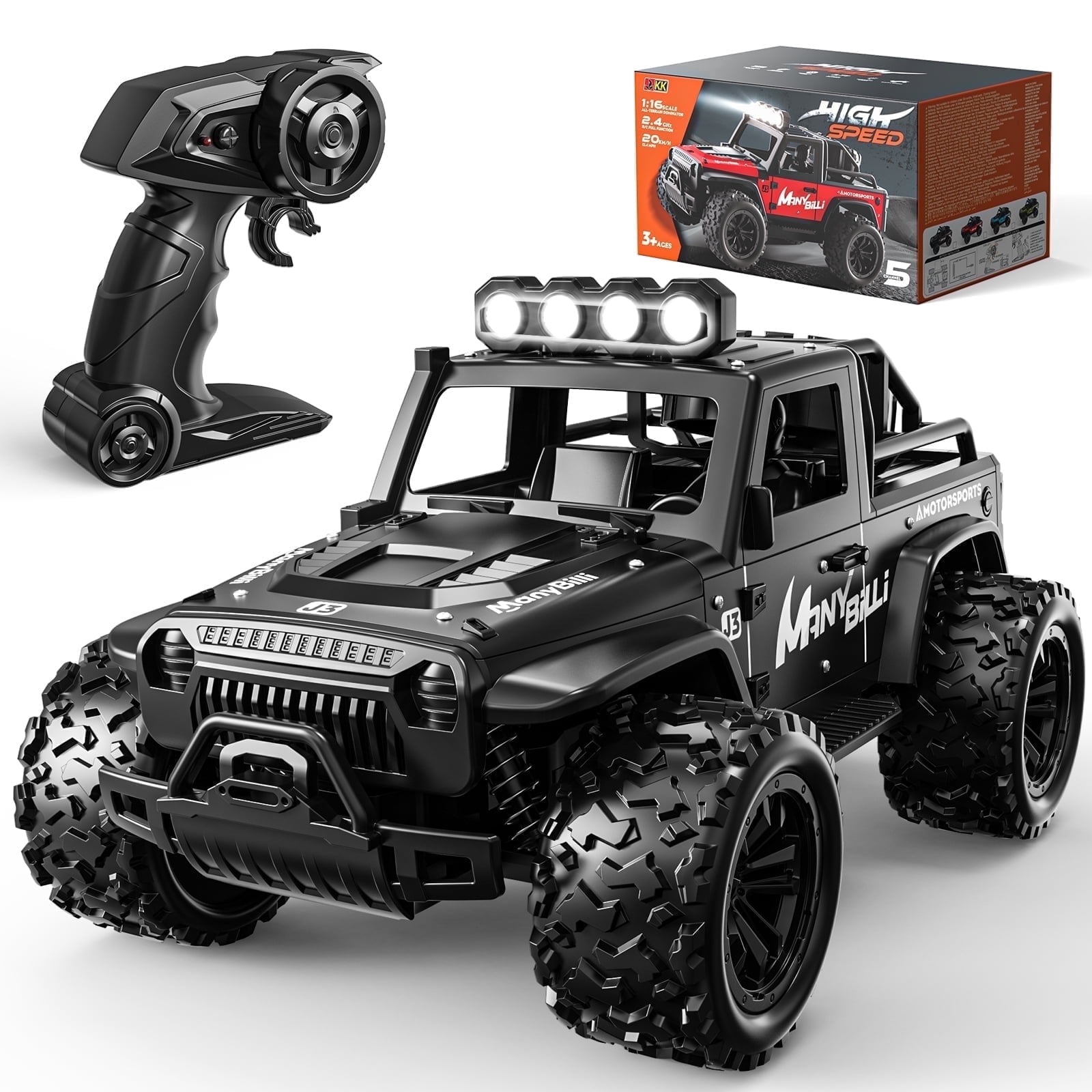 WeFone RC Car, 20KM/H Speed 1:16 Off-Road RC Truck with LED Lights, 2 Batteries, Outdoor Play, Best Gift for Kids 3+