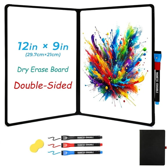 iNenya Double-Sided White Board 12x9 inch - Ultra-Thin 0.3" Portable Dry Erase Board with 3 Markers & Anti-Ghosting Surface | Magnetic-Ready | Foldable for Office, School, Travel, Homeschool (Black)