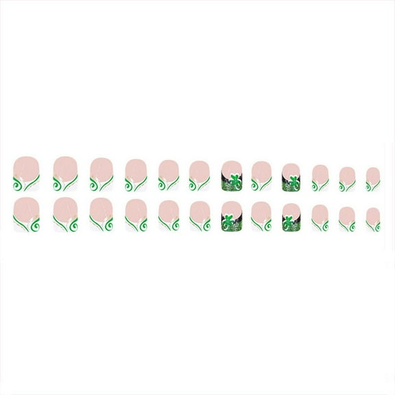 St. Patrick's Day Press on Nails Square Short Fake Nails French Tip Nails Press ons Glossy Glue on Nails Nude Acrylic Nails with Green Glitter Shamrock Designs Clover Stick on Nails for Women 24Pcs