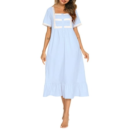 

Women Short Sleeve Night Dress Ruffled Hem Lace Trim Nightgowns Sleep Dress Summer Sleepwear